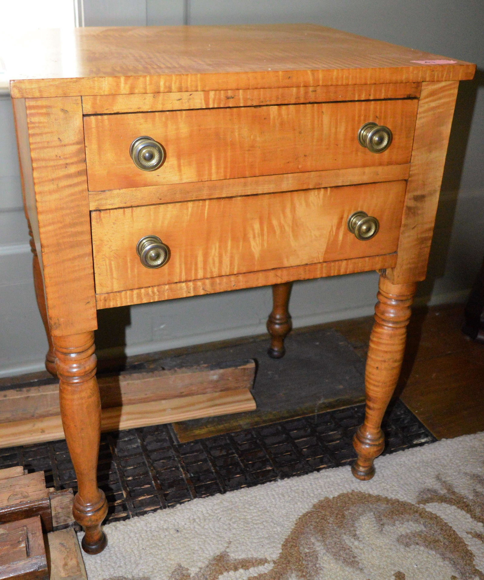 Country Sheraton tiger maple work table, first half of: Country Sheraton tiger maple work table, first half of the 19th century. Dimensions: 26.5 inches high x 21.25" wide x 18.25" deep.