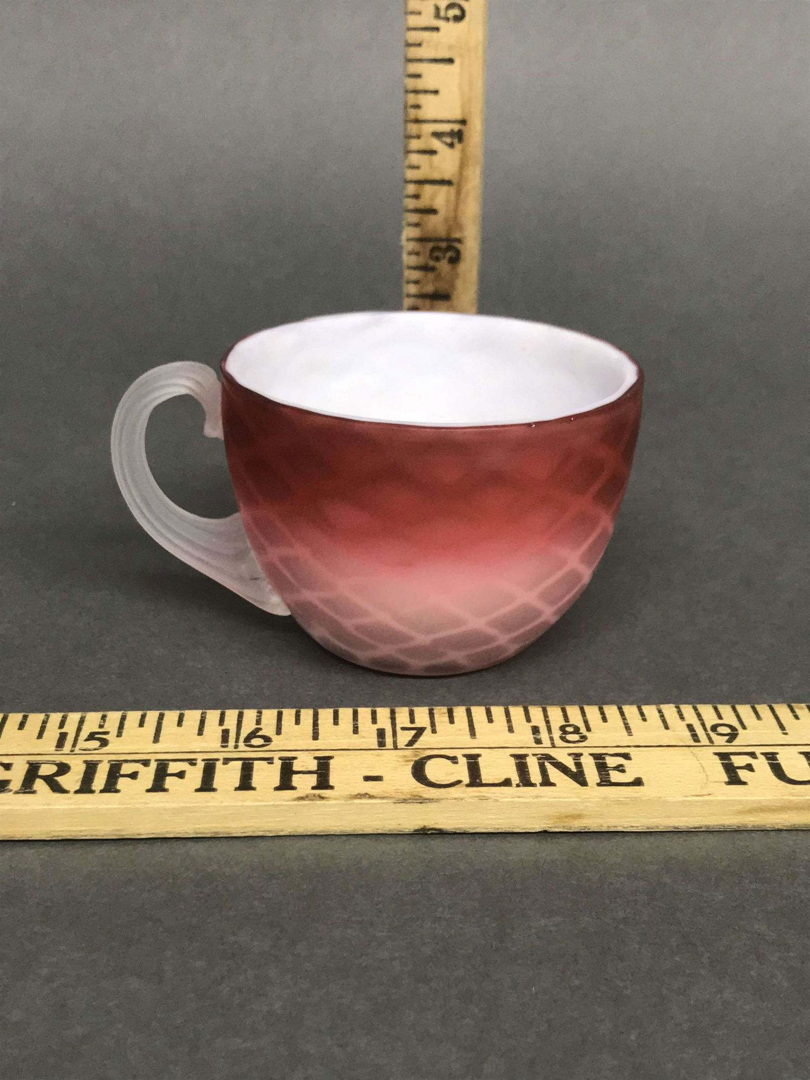 Victorian DQ MOP Satin Art Glass Tea Cup: A Victorian era diamond quilted mother-of-pearl satin glass teacup.