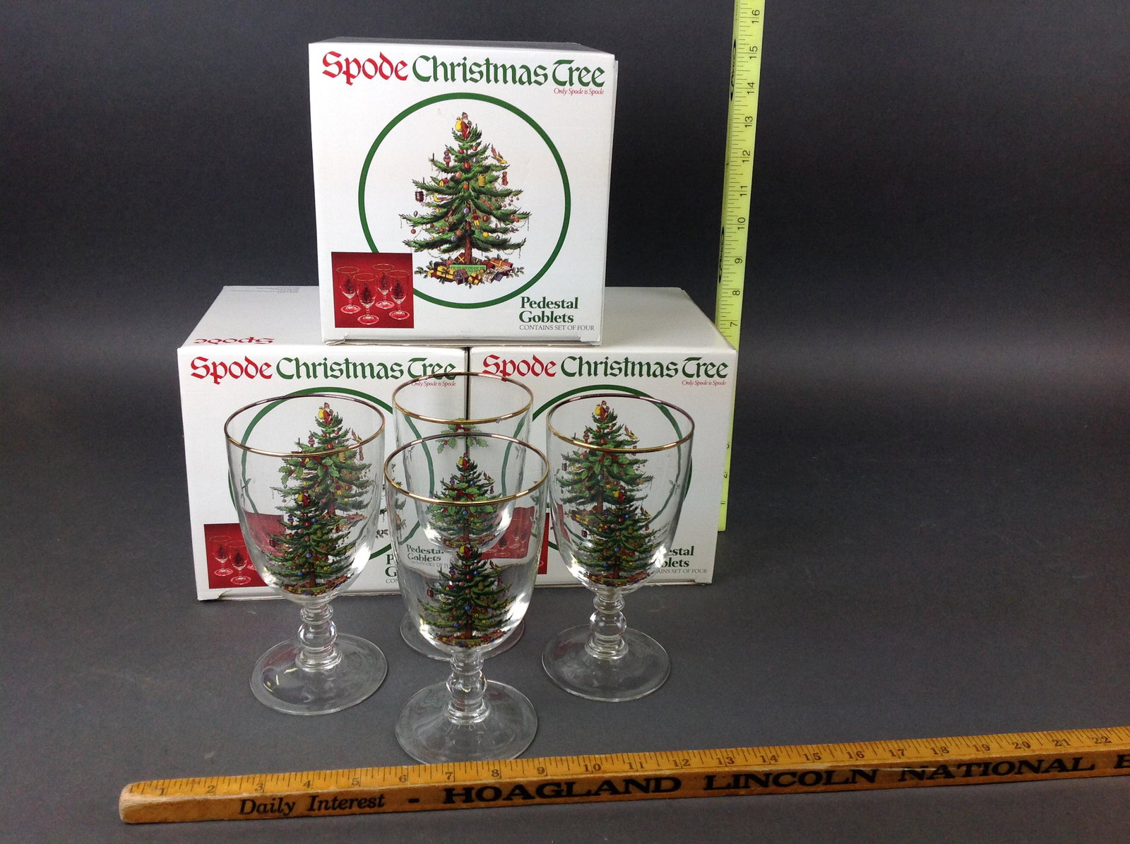 12 Spode Christmas Tree Glass Pedestal Goblets: 12 Spode "Christmas Tree" glass pedestal goblets.