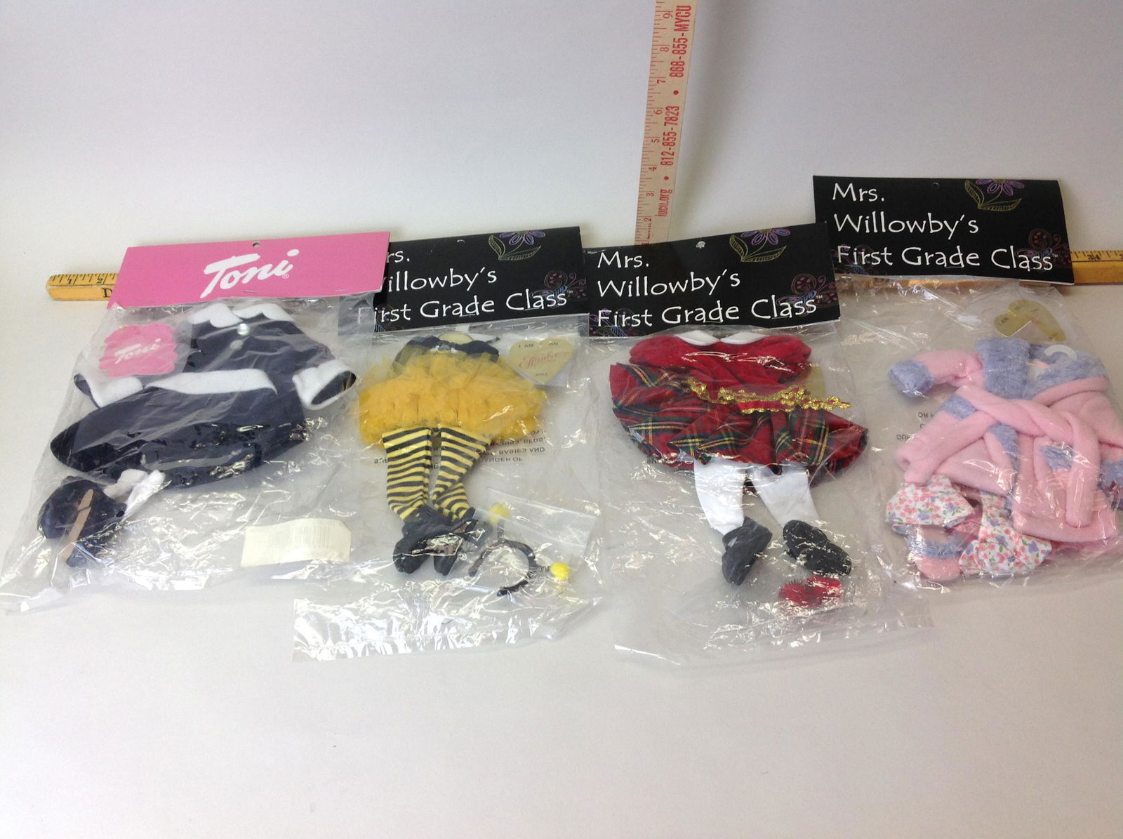 Effanbee Doll Accessories (4): Effanbee Doll Accessories (4) Bon Voyage E6-TNOF-05, Christmas Pretty E6-ATOF-01, Spelling Bee E6-ATOF-03 , My First Sleepwear E6-ATOF-02, in original packaging