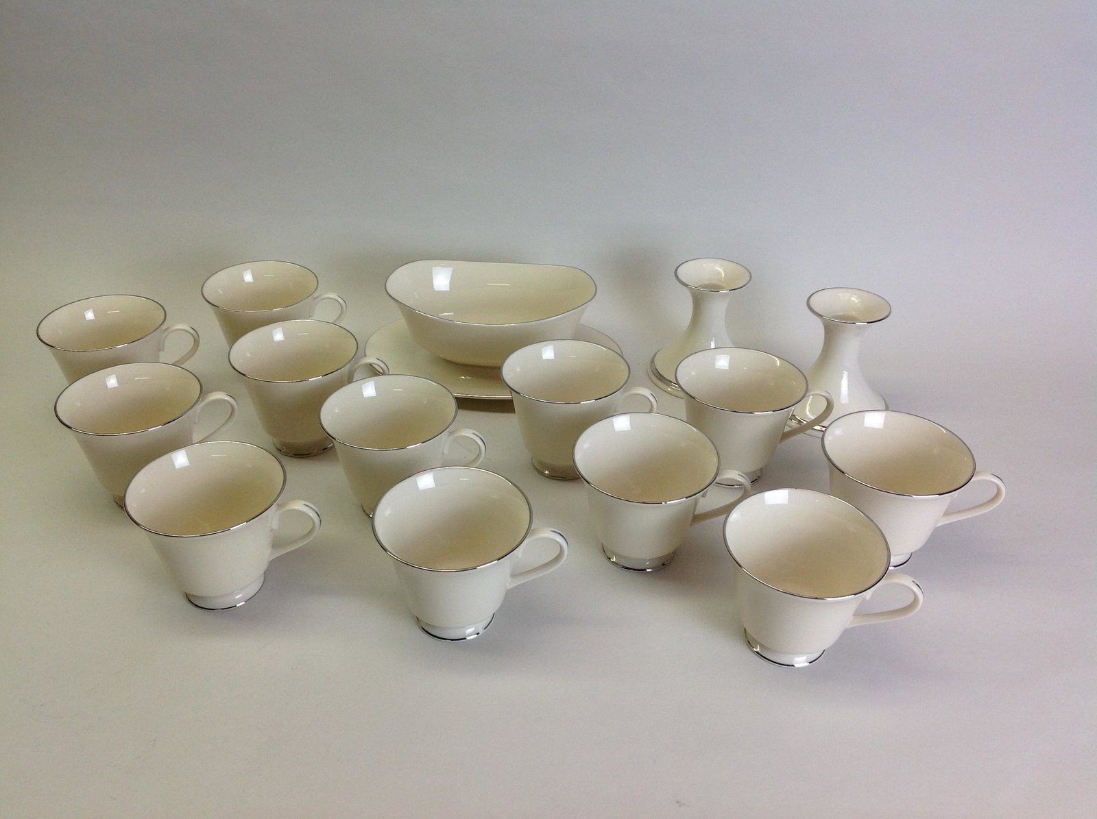Lenox Maywood china - assorted pieces: 12 cups (Maywood); 2 candleholders (Eternal Platinum); gravy boat (Maywood)