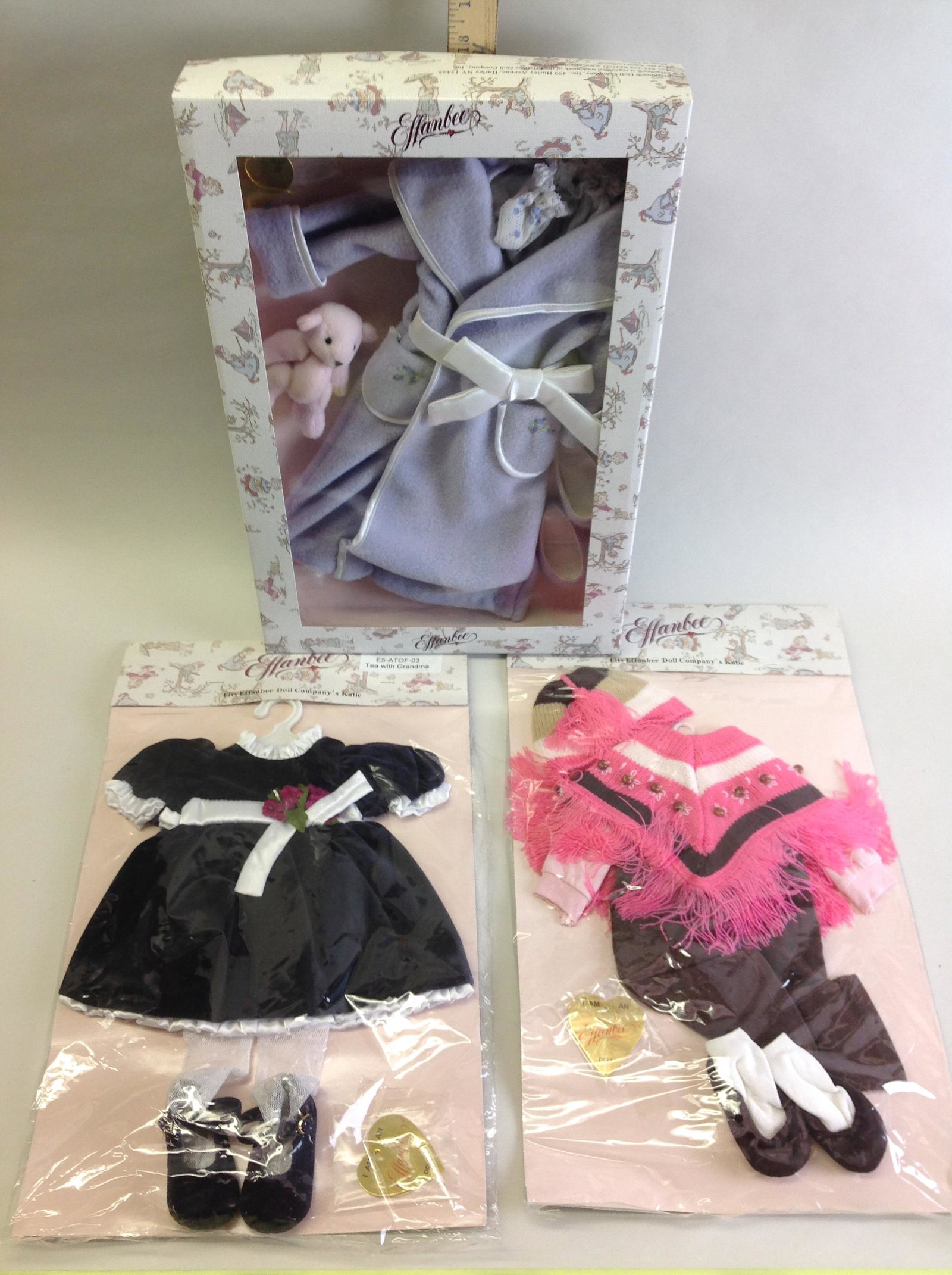 Effanbee Doll Company- 3 outfits: Tea with Grandma E5-ATOT-03; Hiking with Daddy E6KTOF01FG01; Slumber Party AC8400