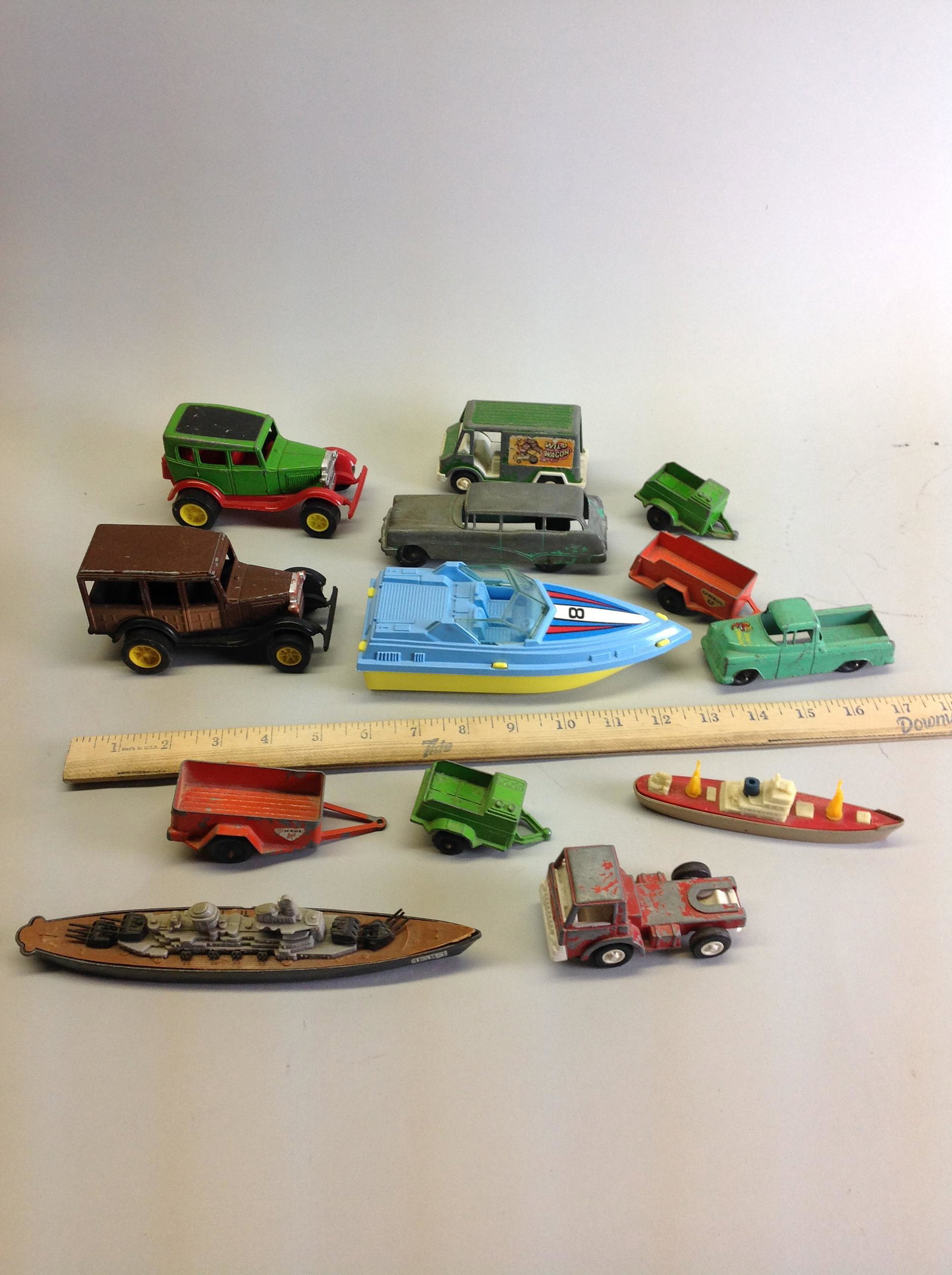 13 assorted Tootsie Toys: Plastic and metal Tootsie Toys- cars, trucks, wagons, ships, boat