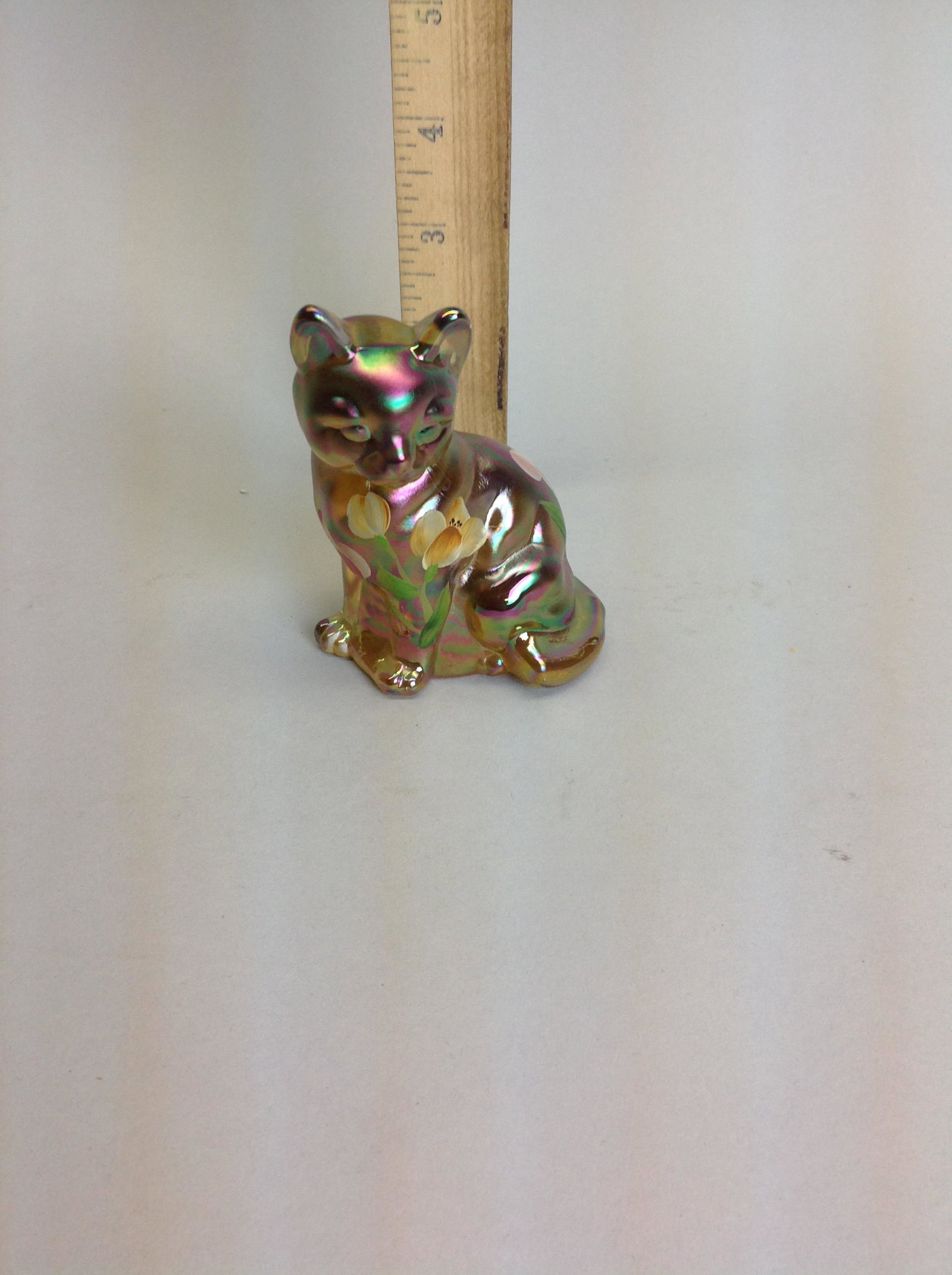 Fenton Hand Painted Iridescent Glass Cat: A Fenton hand painted iridescent glass cat