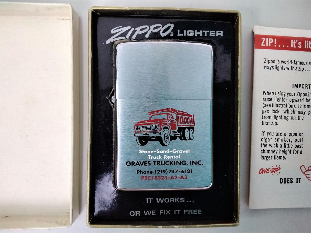 Zippo Lighter: Includes instruction sheet, Engraved with truck, Graves Trucking Inc and contact info