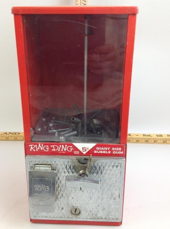 Vintage Ring Ding 5 cent Giant Size Bubble Gum Machine,: Vintage Ring Ding Giant Size Bubble Gum Machine, 5 cent, Md 105, with key