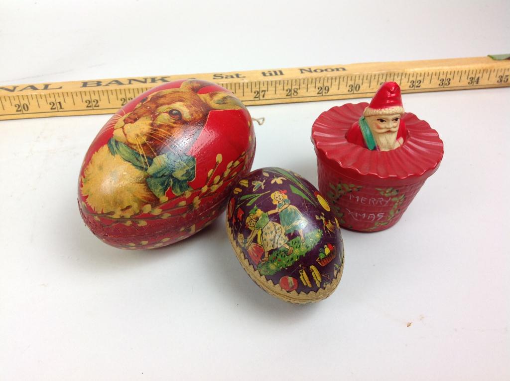 Germany Paper Easter Eggs, Celluloid Santa Cup: (2) Germany Paper Easter Eggs, Celluloid Santa Cup, good condition