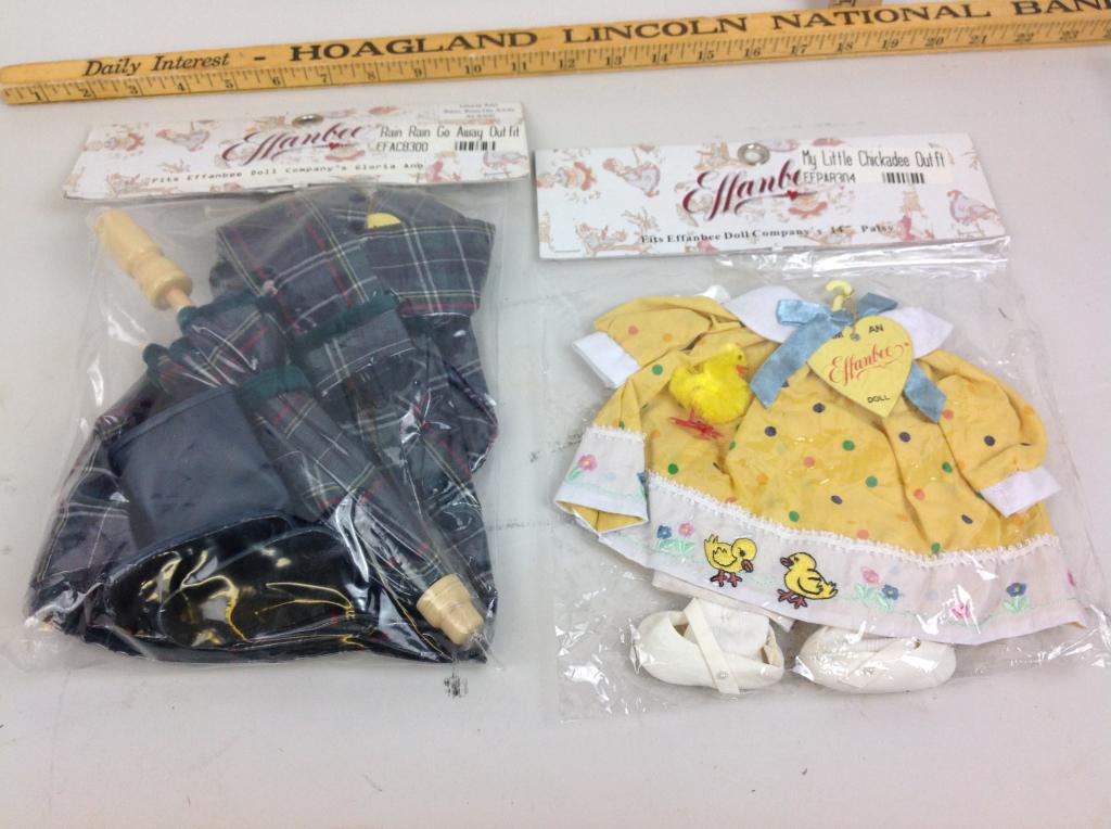 Effanbee (2) Doll Accessories: Effanbee (2) Doll Accessories, My Little Chickadee Outfit EFPA8304 and Rain Rain Go Away Outfit EFAC8300, in original packaging