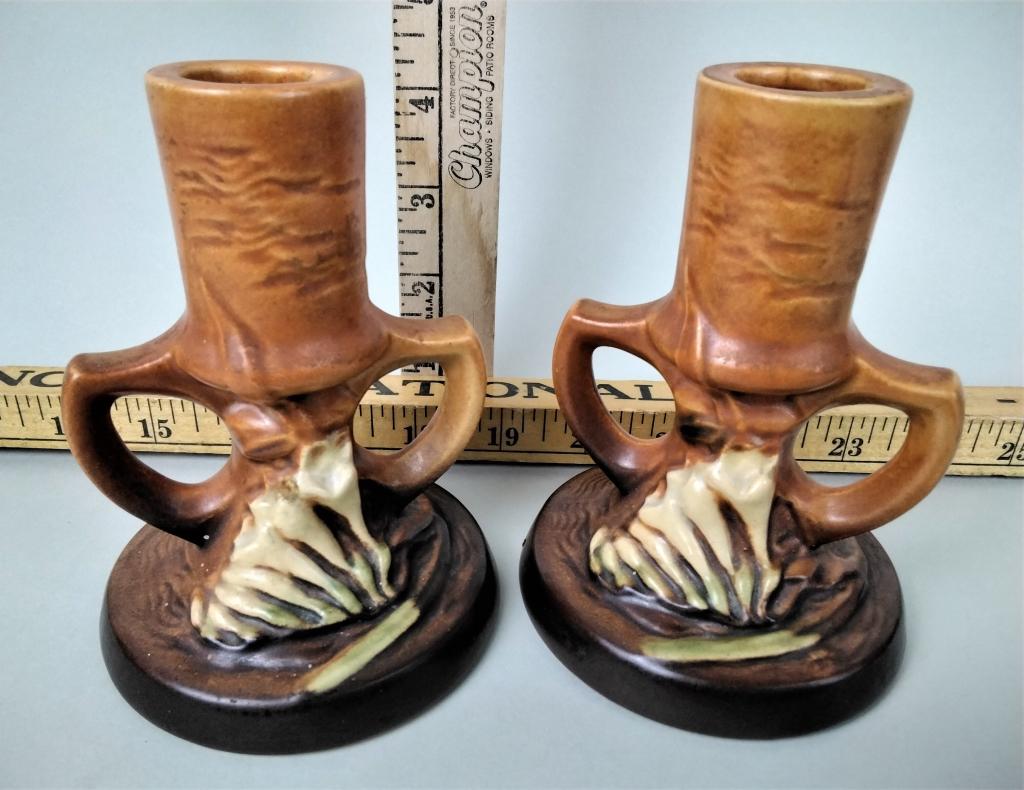 Roseville Pottery Freesia Brown Candlesticks 5": Roseville Pottery, Freesia Candlestick pair, 1161-4, 5", deep brown base and lighter brown top Excellent condition, please review images