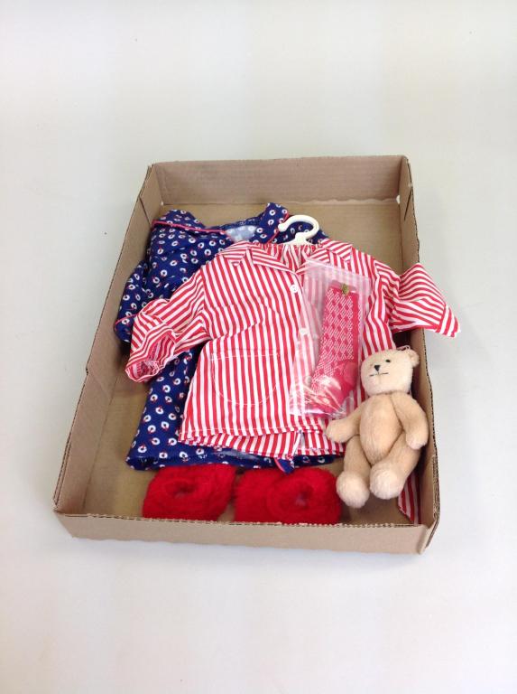 American Girl Molly 'Sleep' outfit: Blue robe, red striped pajamas, red slippers, hanger, red socks, bear, All items in great condition