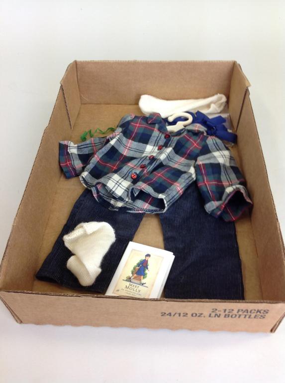 American Girl Molly "Afterschool" outfit: Glasses, Plaid long-sleeve shirt, blue corduroy pleated slacks, hanger, blue ribbons, socks, Sock has a hole in it, All items in great condition