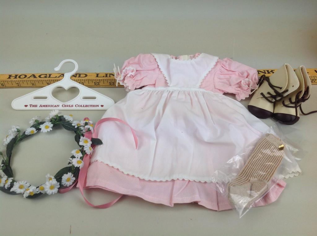 American Girl Kirsten 'Birthday' outfit: Pink dress with white pinafore apron, daisy wreath, boots, socks All items in great condition