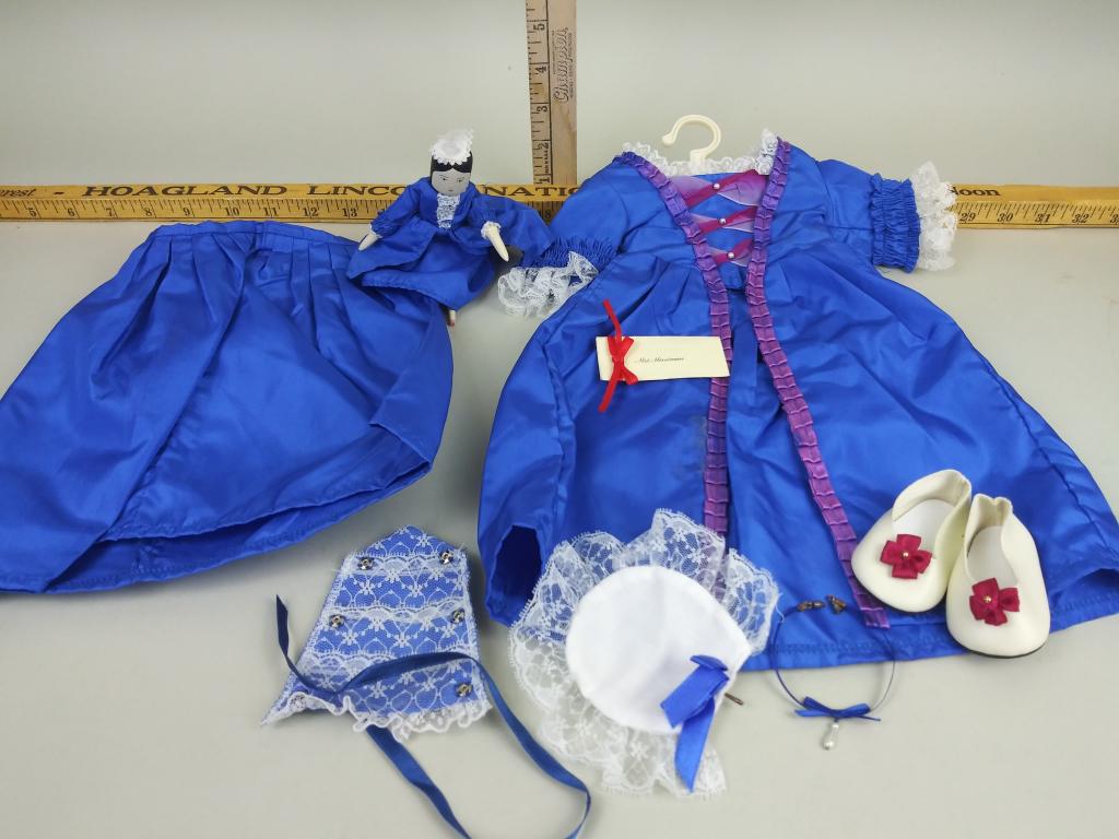 American Girl doll Felicity 'Christmas' outfit and: Blue gown, petticoat, (2) stomachers, pinner cap, choker, shoes, invitation, doll, Gown has staining on front of skirt