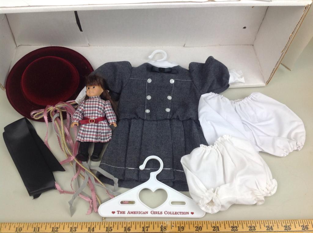 American Girl Samantha 'School' outfit: Buster Brown dress, pantaloons, hat, ribbon, mini Samantha doll, boxes All items in great condition