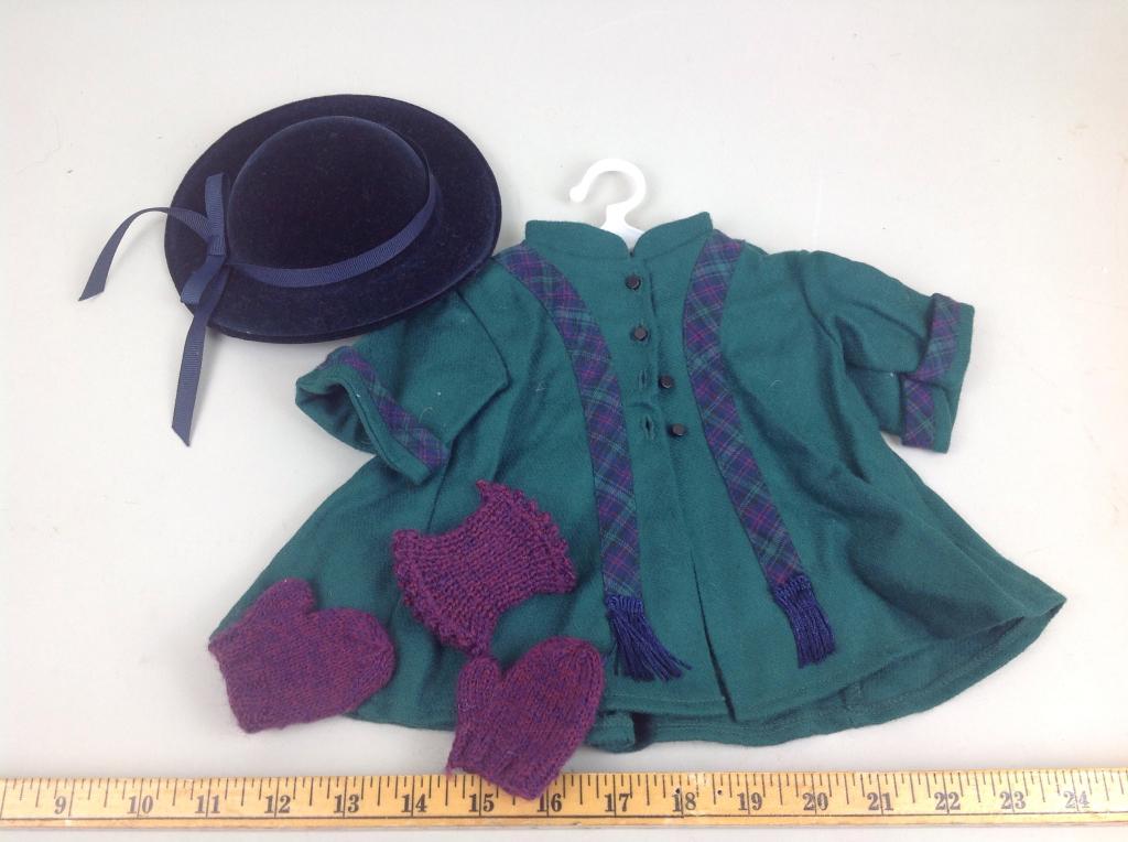 American Girl Addy 'Winter' outfit: Purple mittens, cloak, derby hat, 1 knee warmer All items in great condition