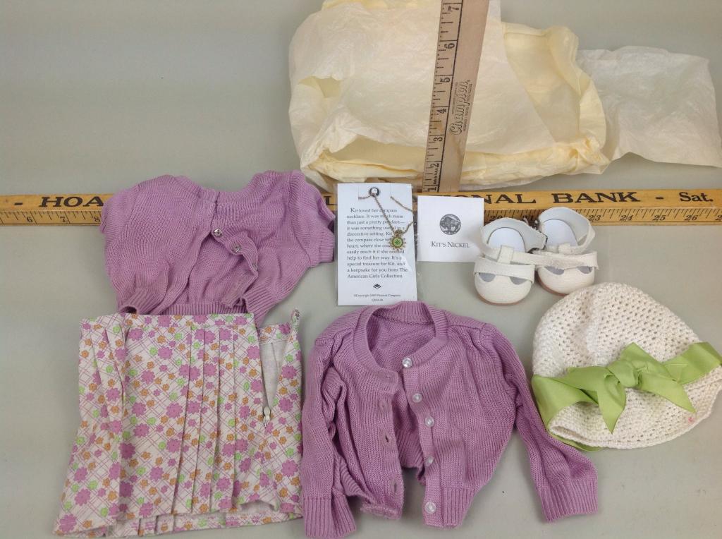 American Girl Kit 'Meet' outfit: Skirt, necklace, nickel, sandals, cardigans (2), hat, handkerchief All items in great condition