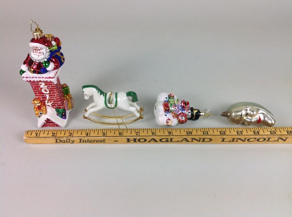 4 Christmas Ornaments Incl. Christopher Radko: 4 assorted Christmas ornaments, including (2) Christopher Radko, Spode, and a German blown glass moon.