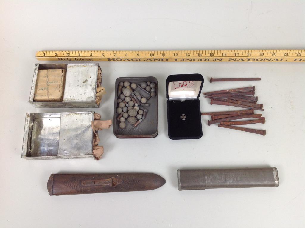 Gun part, musket balls, nails, gun powder, cartridge: Gun part, musket balls, nails, gun powder, cartridge boxes, misc.