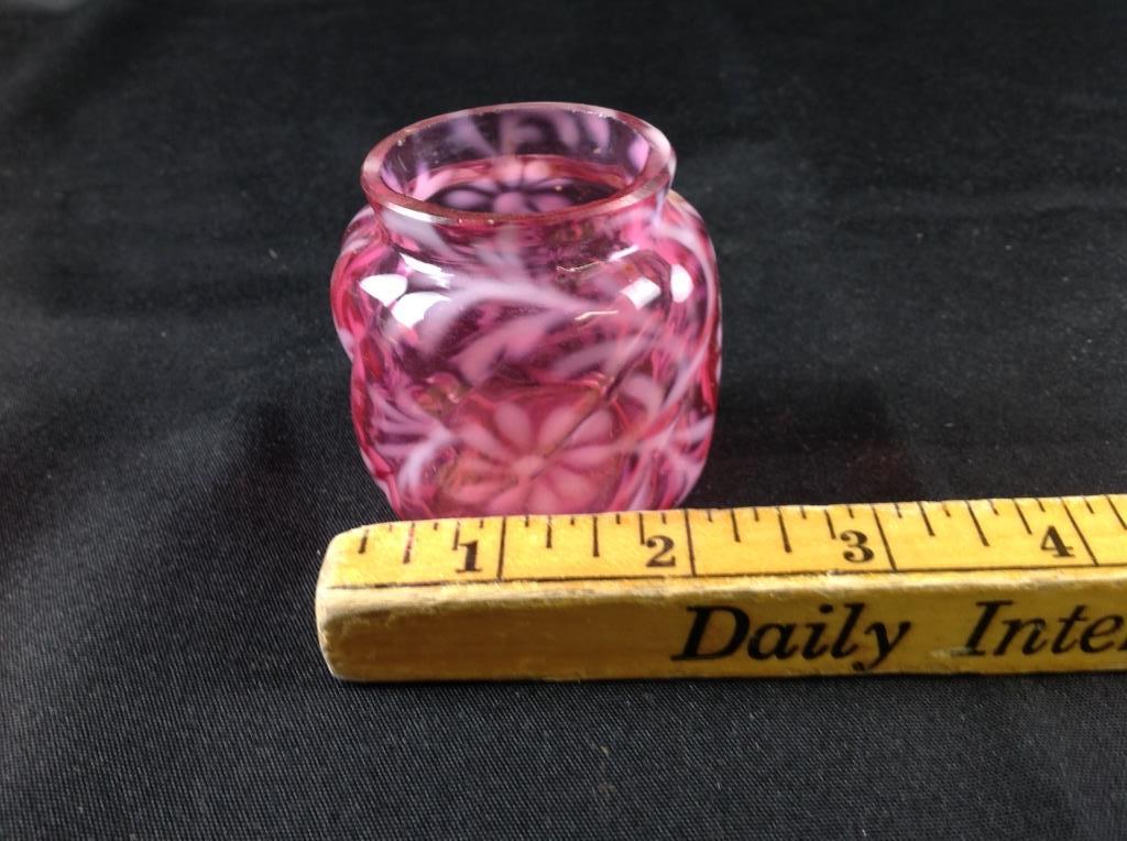 Northwood Cranberry Opalescent Daisy & Fern Toothpick: A Northwood cranberry opalescent glass "daisy and fern" toothpick holder.