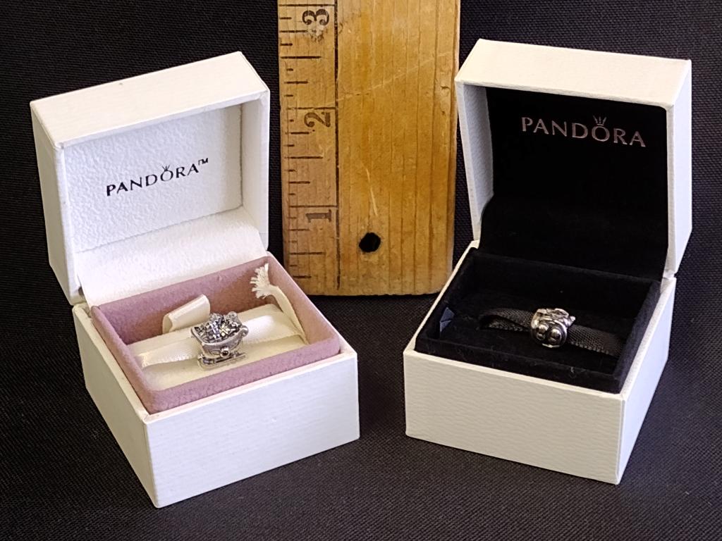 (2) Pandora Sterling Charms in the boxes: Santa's Sleigh and Santa
