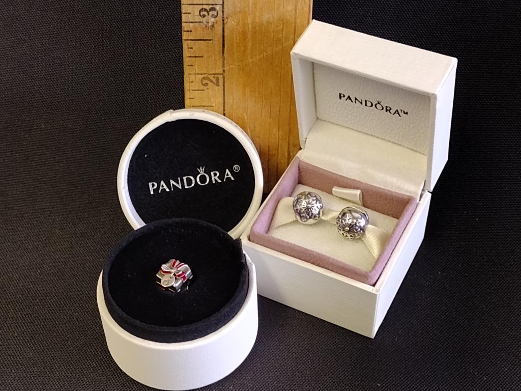 (3) Pandora Sterling Charms in the boxes: Black Friday Charm with red enamel and (2) Winter Wonderland charms