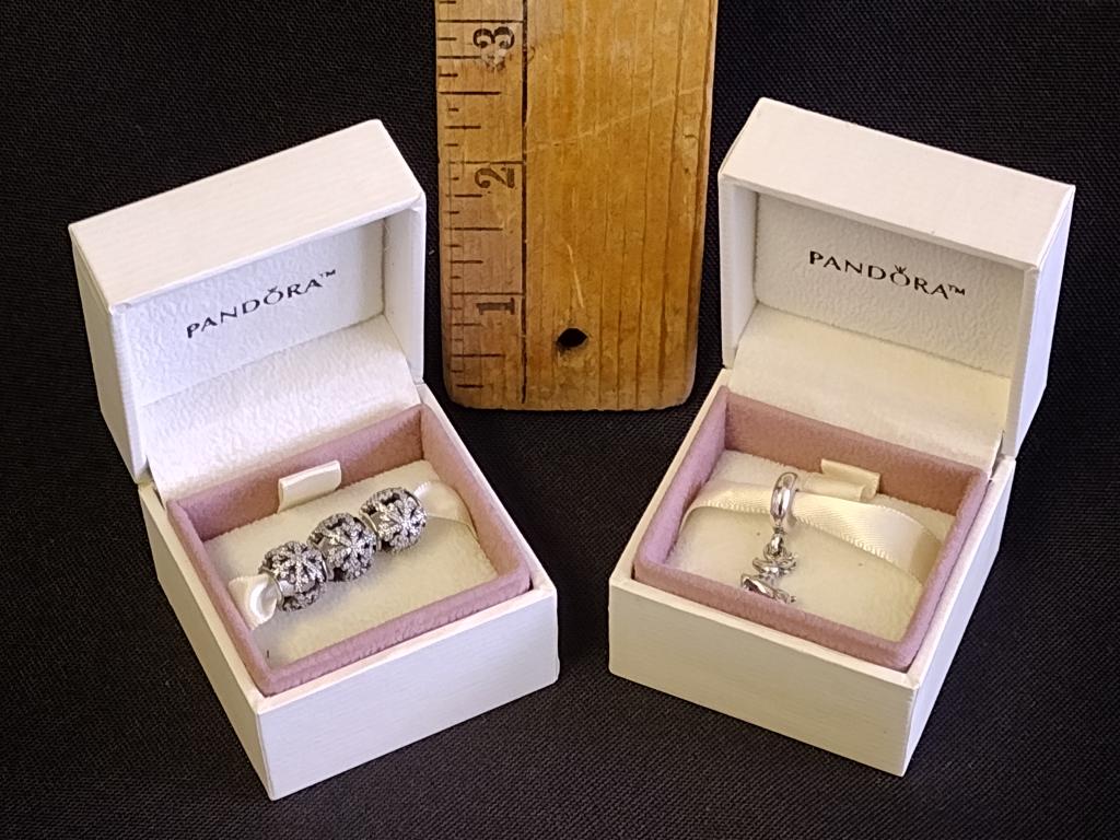 (4) Pandora Sterling Charms in the boxes: Reindeer and (3) Let It Snow Charms