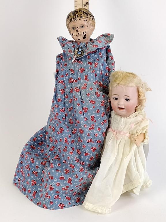 (2) Antique Dolls Bisque & Painted Tin: (2) Antique Dolls Bisque & Painted Tin