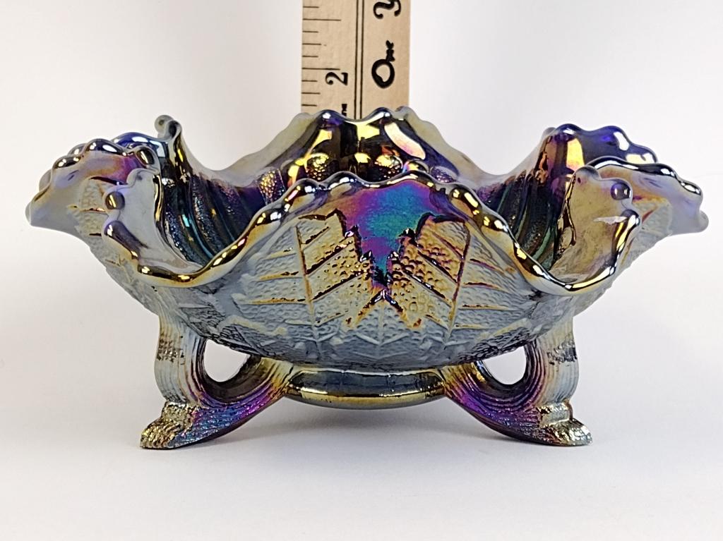(2) Fenton carnival glass pieces: footed ruffled butterfly dish, (1 of 12)