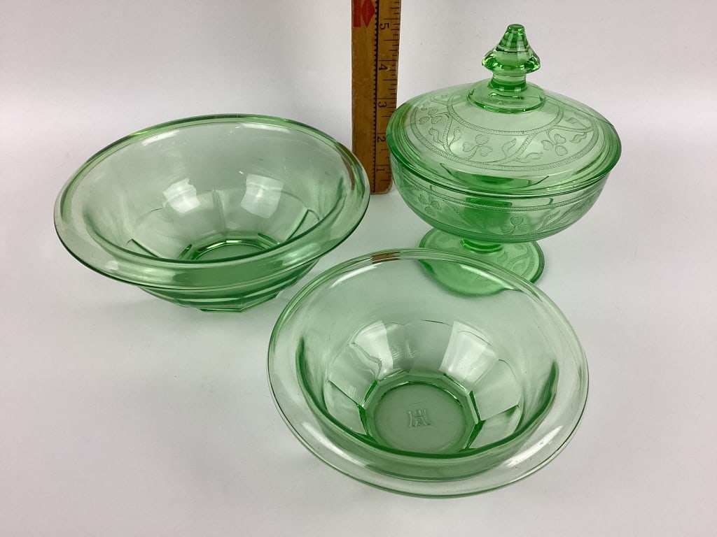 Glowing Uranium Depression Glass Candy Dish Embossed With Shamrock