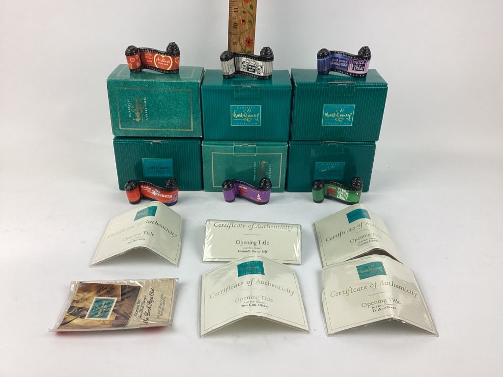 Walt Disney Classics Collection: Walt Disney Classics Collection Ceramic Film Reel Collection, Mickey Mouse Canine Caddy Opening Title Ceramic Reel Sculpture, Mickey Mouse Two-Gun Mickey Opening Title Ceramic Reel Sculpture, Donald D