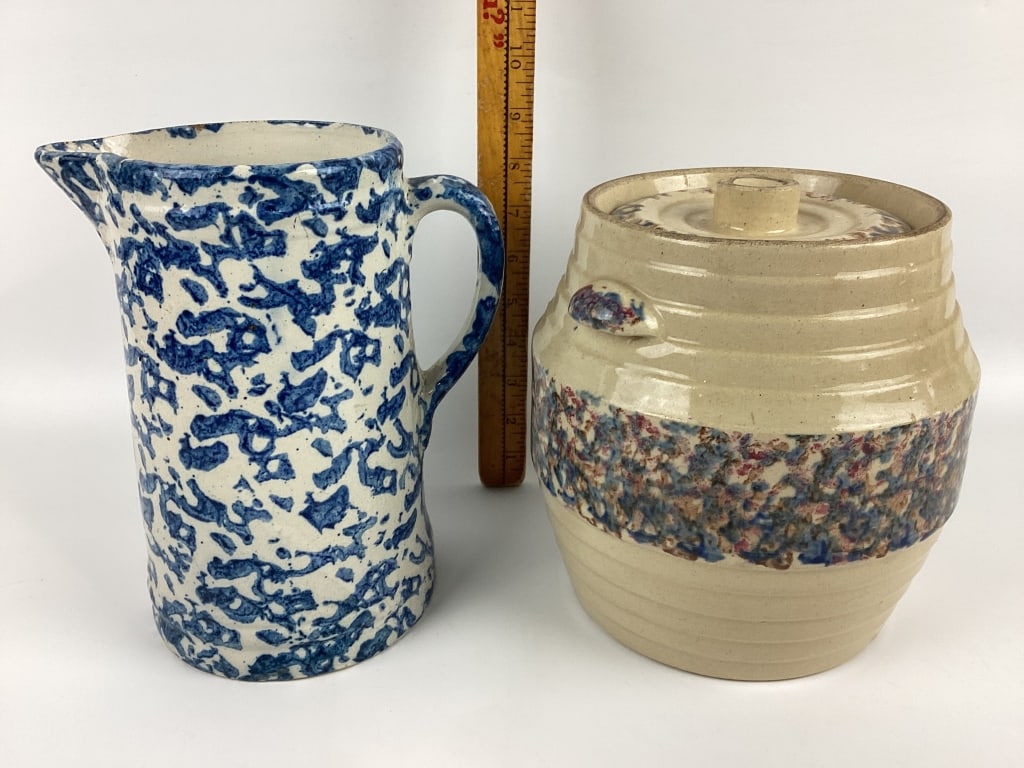 Vintage Spongeware Ceramic Assortment Blue & White Pitcher & Multi-Color Cookie Jar (1 of 3)