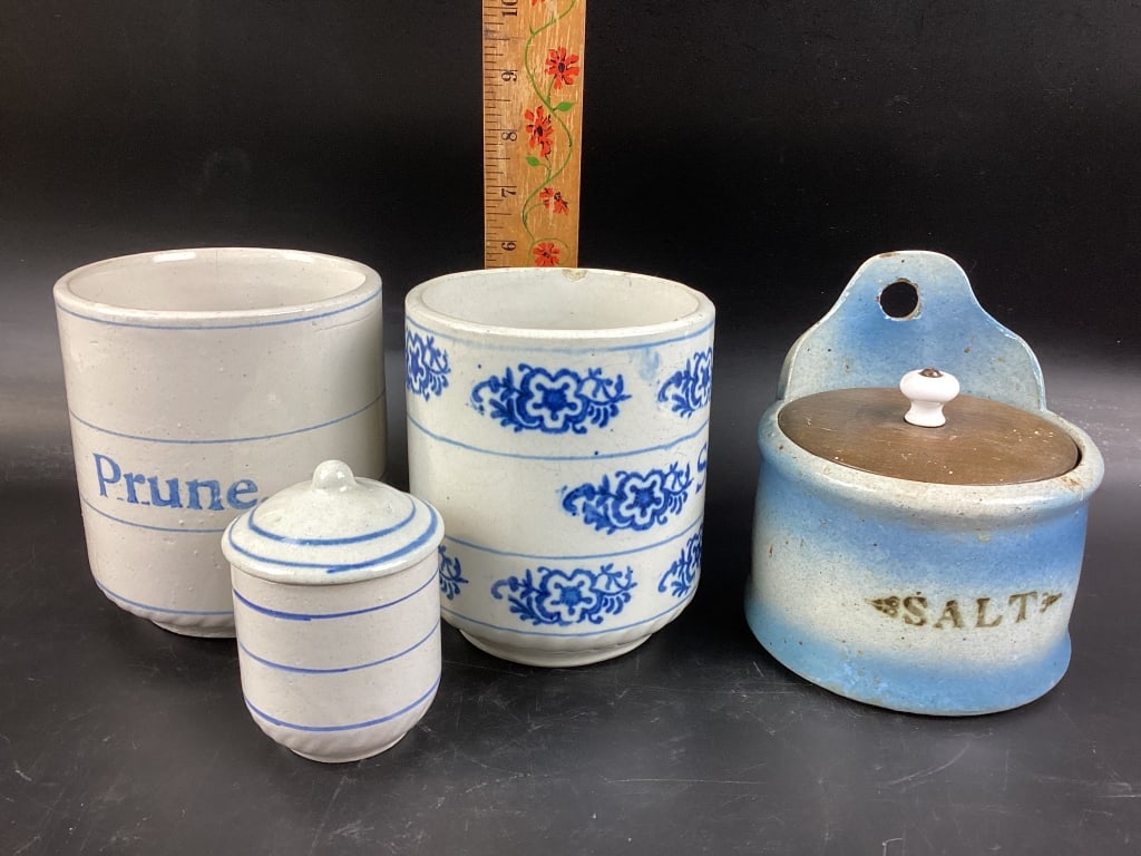 Antique Sonteware Salt Crock with Wooden Lid & Assorted Blue & White Kitchenware Dishes (1 of 13)