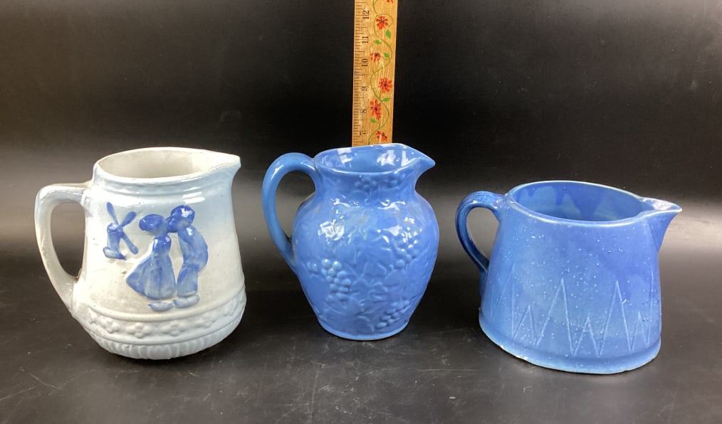 Antique 1900's Blue & White Salt Glaze Kissing Dutch Kids and Assortment of Blue Salt Glaze Pitchers (1 of 14)