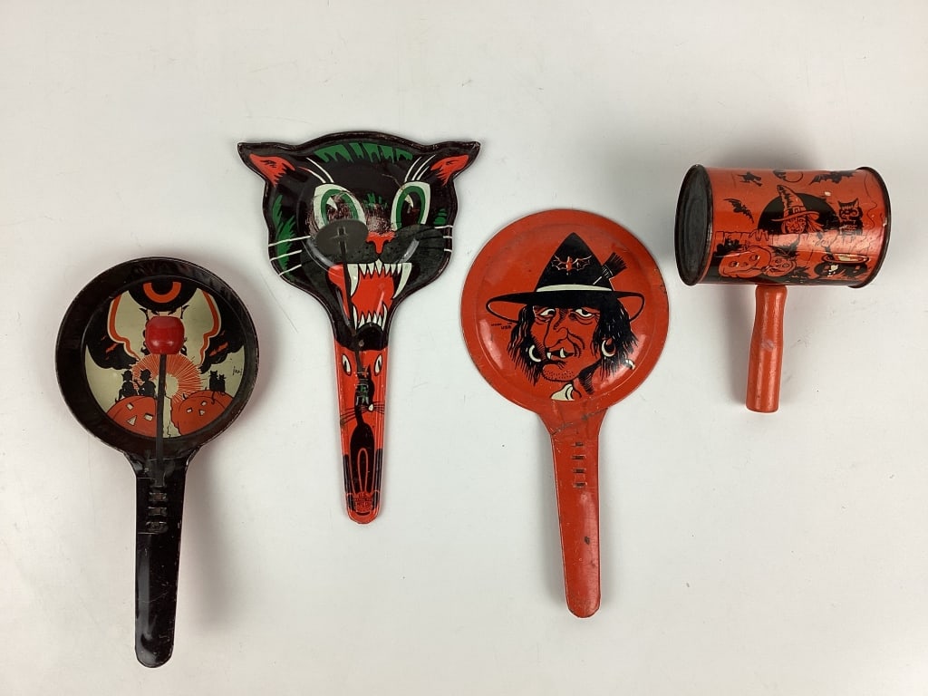 (4) Tin Litho Halloween Noisemakers Damaged (1 of 7)
