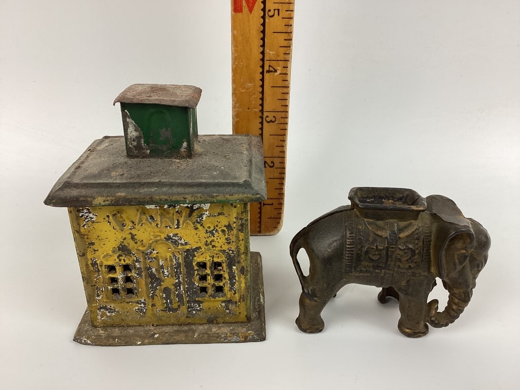 Cast Iron Elephant Coin Bank & Tin Architectural Bank (1 of 5)