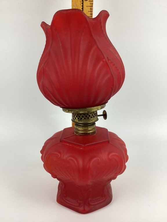 Red Satin Glass Miniature Oil Lamp: Shade & base don't match.