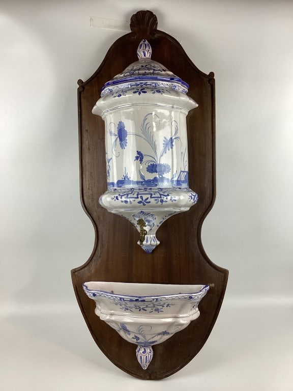 Delft Blue & White Floral Decorated Antique Wall Water Fountain: Delft Blue & White Floral Decorated Antique Wall Water Fountain, French Style Garden Fountain Porcelain Sink Fountain with Decorative Brass Hardware Spout and Wooden Hand Crafted Wall Mount, Features 