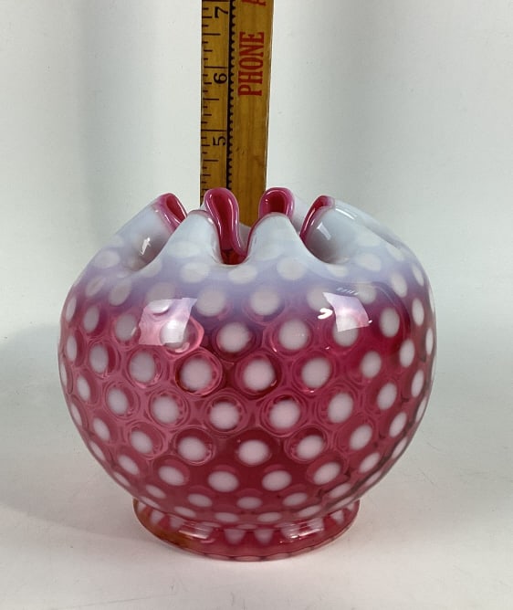 Vintage Fenton Cranberry Opalescent Glass Polka Dot Large Rose Bowl Vase (1 of 3)