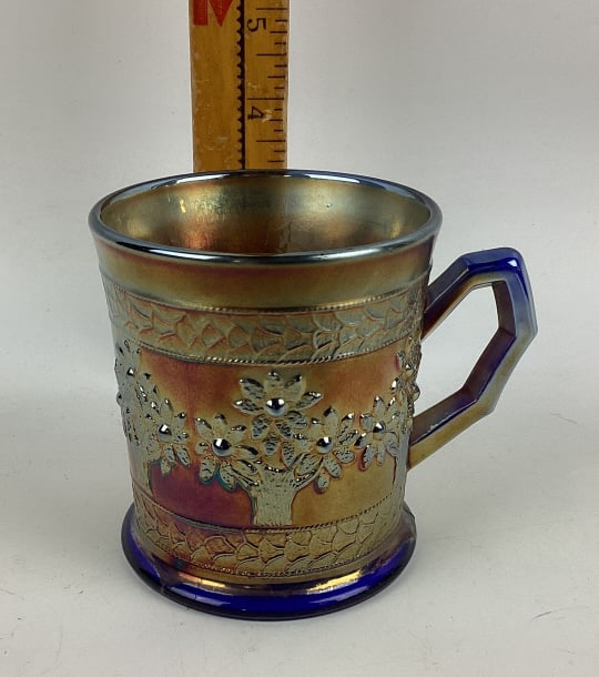 Vintage Antique Fenton Carnival Glass Cobalt Blue Tall Handled Beverage Mug, Fenton Orange Tree (1 of 4)