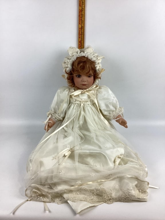 Vintage Virginia Elrich Turner Collectiable Baby Dolls: Vintage Virginia Elrich Turner Collectiable Baby Dolls, 1999 Vintage Virginia Elrich Turner Collectiable Baby Doll Dressed in All White Night Gown with Embroidered Cap with Bow and Slippers Features B