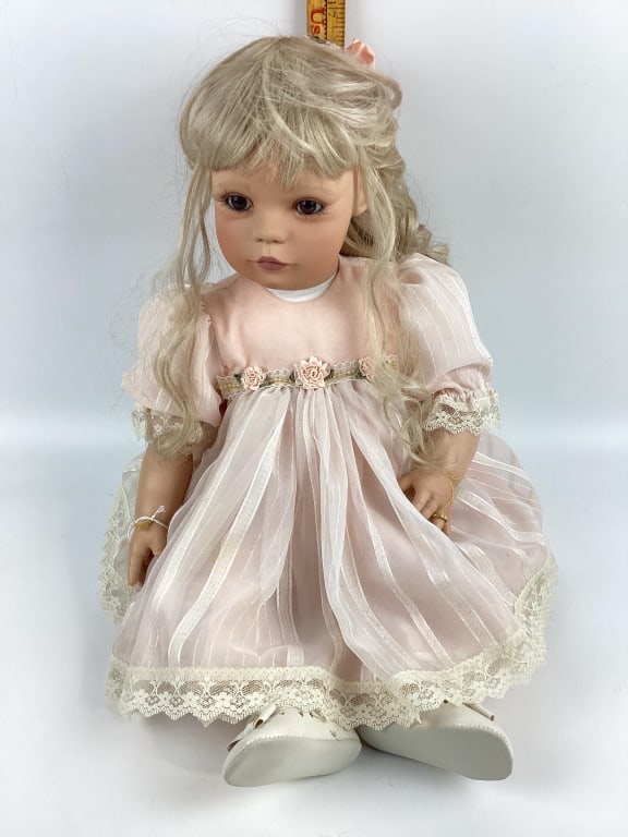 Vintage Virginia Elrich Turner Collectiable Limited Edition Vinyl Baby Dolls: Vintage Virginia Elrich Turner Collectiable Limited Edition Vinyl Baby Dolls, 1998 Vintage Doll by Virginia Turner No. 100/900 Original Flower Embelished Gown with Monotone Stripes & White Fringe Shoe