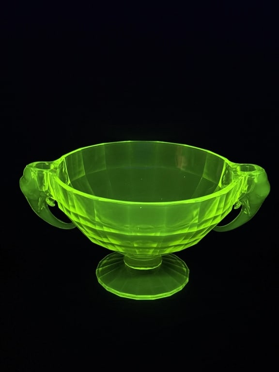 Uranium Vaseline Glass Elephant Console Bowl: With candle holders on top of elephant handles.