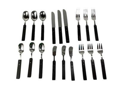 Mid Century Allan Adler Town & Country Sterling Flatware Set: RARE hand wrought sterling silver (excluding stainless table knives) and ebony, circa 1955. 18 pieces including 3 butter knives, 3 table knives, 3 dinner forks, 3 salad forks, 3 place spoons and 3 tea