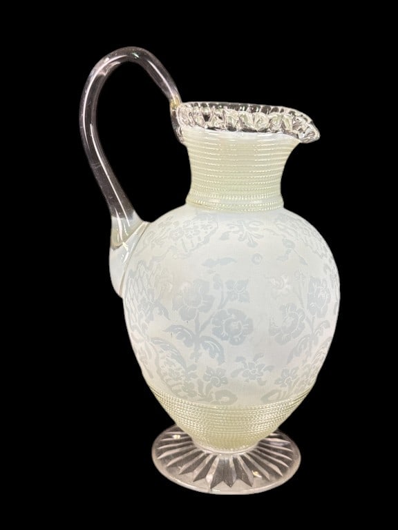 Rare Victorian Acid Etched Art Glass Jug Threaded: Attributed to Thomas Webb c.1880