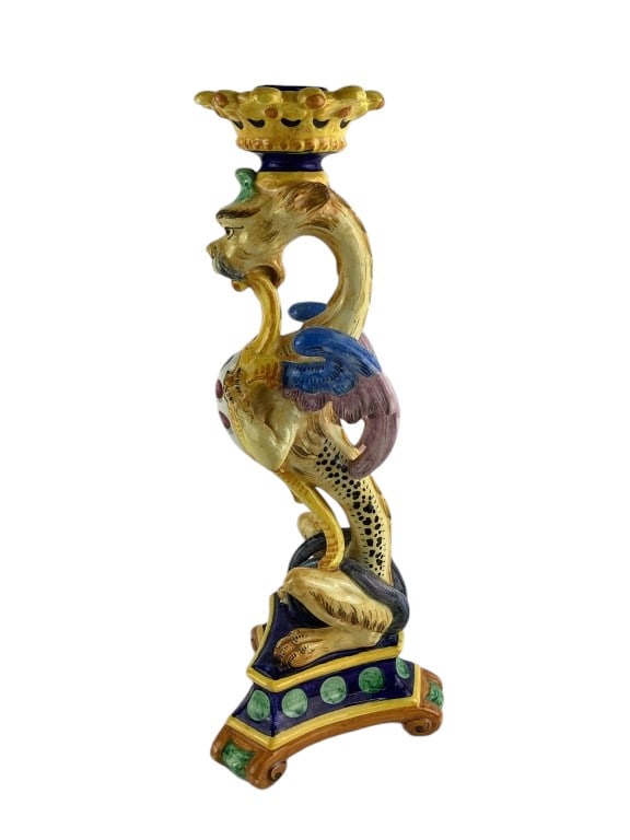 Italian Majolica Griffin Candlestick Signed: Renaissance Revival, 20th century