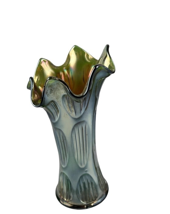 Fenton Diamond & Rib Green Carnival Glass Vase: Fenton Diamond & Rib Green Carnival Glass Vase
