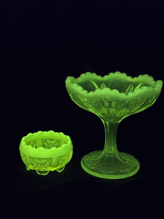 Uranium Vaseline Opalescent Glass Compote & Salt Cellar (1 of 5)