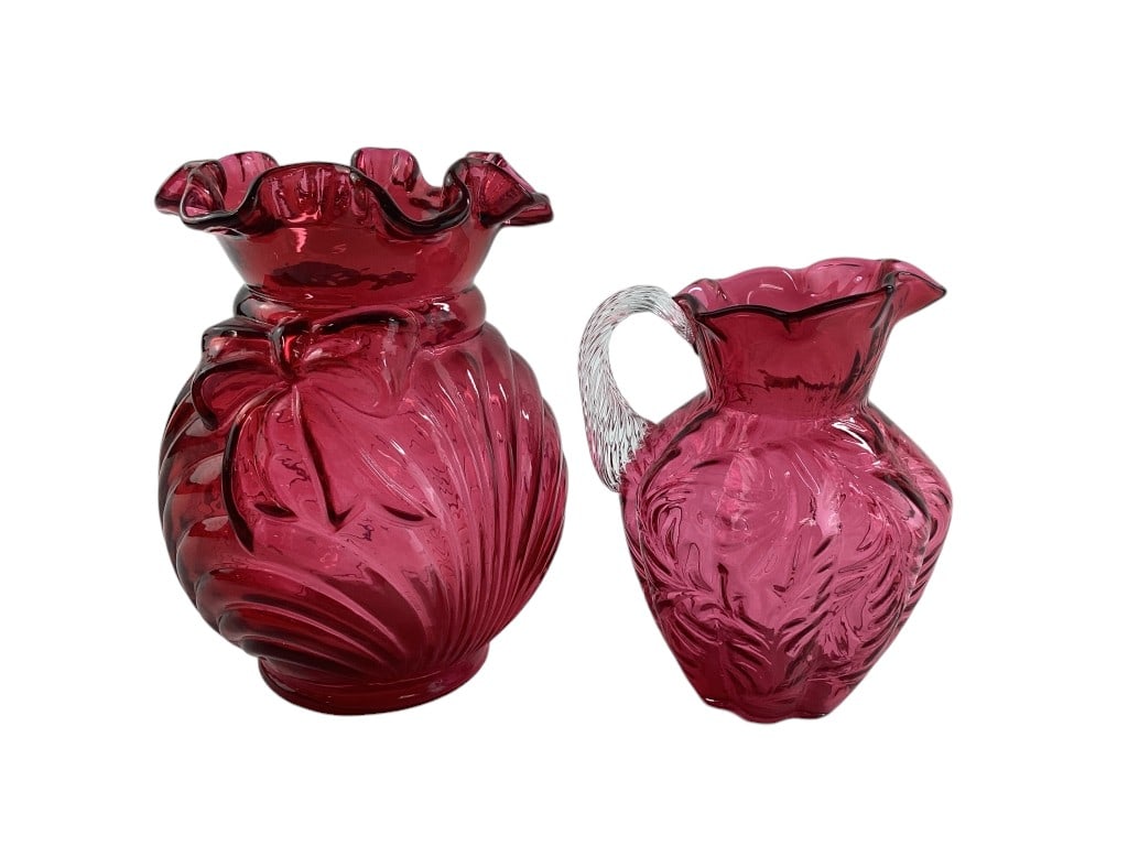 Fenton Cranberry Glass Vase & Small Pitcher (1 of 7)