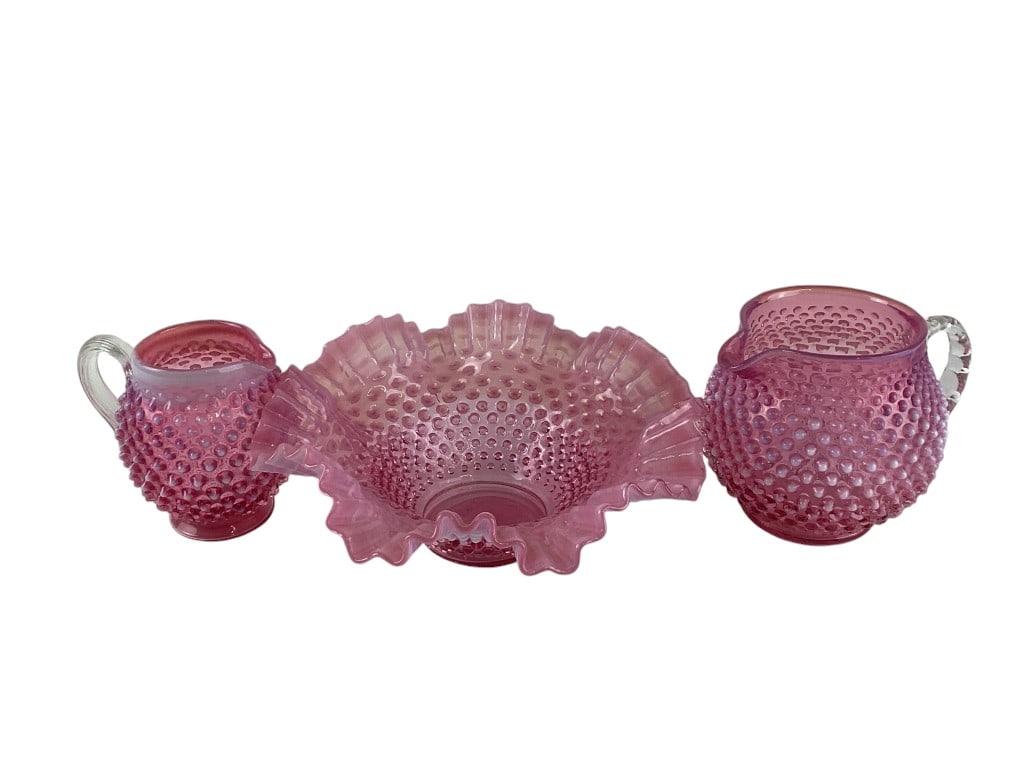 Fenton Cranberry Opalescent Hobnail Pitchers & Bowl (1 of 10)