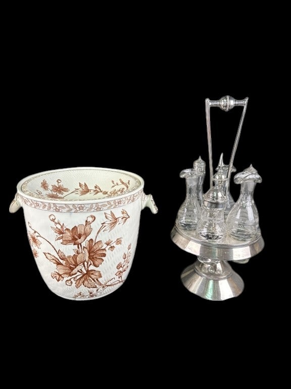 English Brown Transferware Slop Jar, Silverplate Castor Set: English Brown Transferware Slop Jar, Silverplate Castor Set